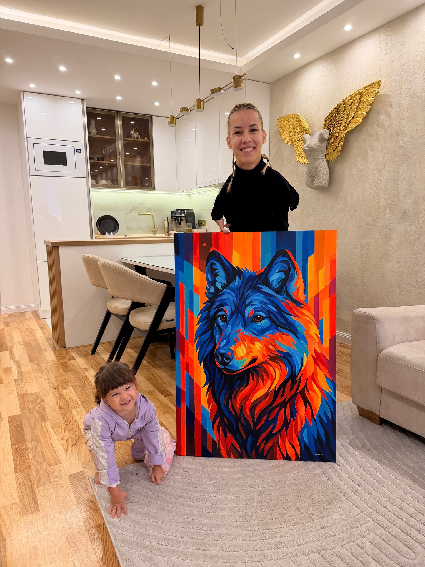 Pop Art Wolf 70x100  - Original Acrylic Painting by Girl with Wings - Dejana Nezic