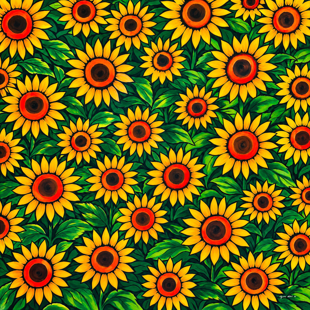 Sunflower Field fine art canvas print by Dejana Nezic – Girl With Wings, a field of sunflowers in full bloom painted with her feet