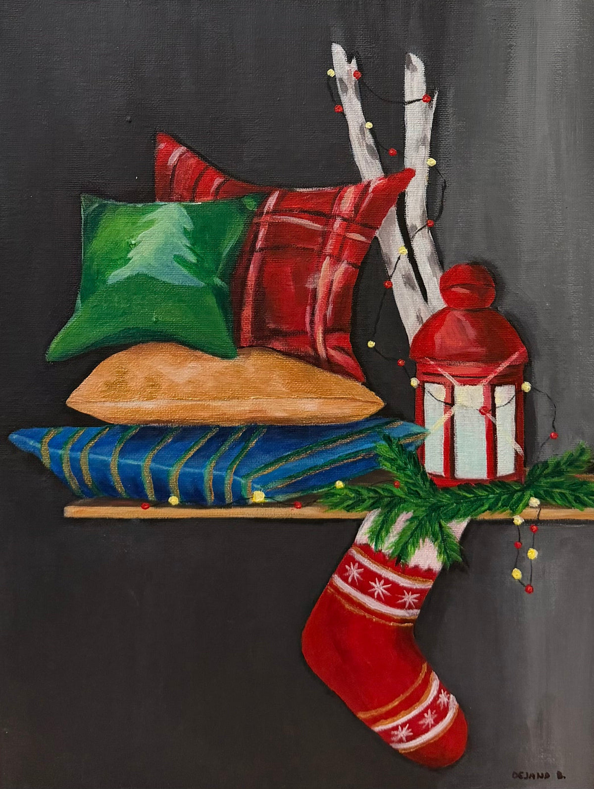 New Year's Decoration — original acrylic painting on canvas, 30 × 40 cm, a shelf with festive cushions, white skis, a red lantern, pine garland and a Christmas stocking on a dark background, painted with her feet by Dejana Nezic, Girl With Wings