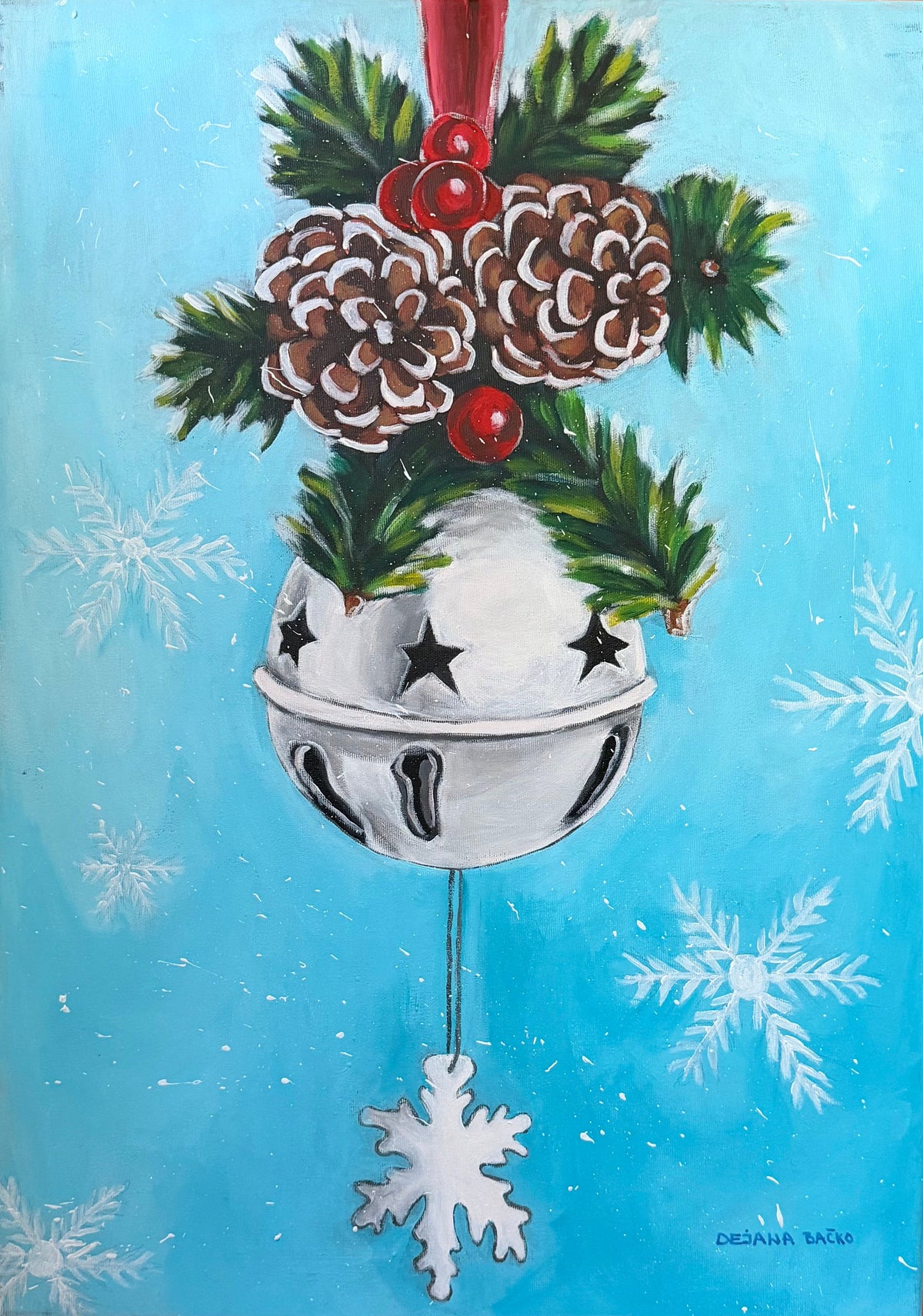 Holiday Bell — original acrylic painting on canvas, 50 × 70 cm, a silver sleigh bell with star cut-outs, pine sprigs, frosted cones and red berries hanging against a blue snowflake sky, painted with her feet by Dejana Nezic, Girl With Wings