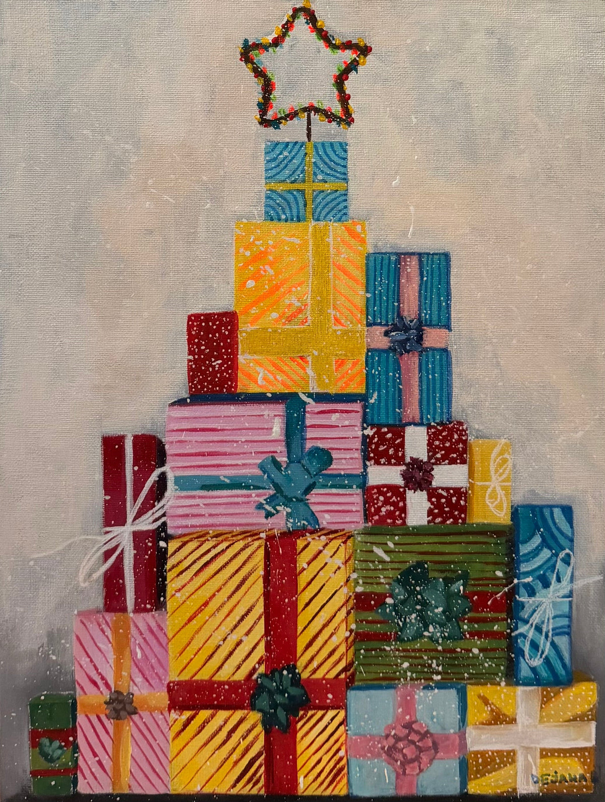 New Year's Gifts — original acrylic painting on canvas, 30 × 40 cm, a tower of colourful wrapped presents topped with a glowing star in falling snow, painted with her feet by Dejana Nezic, Girl With Wings