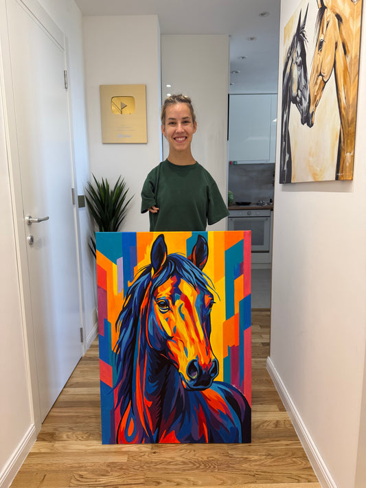 Video of armless woman painting colorful pop art horse as artist. 