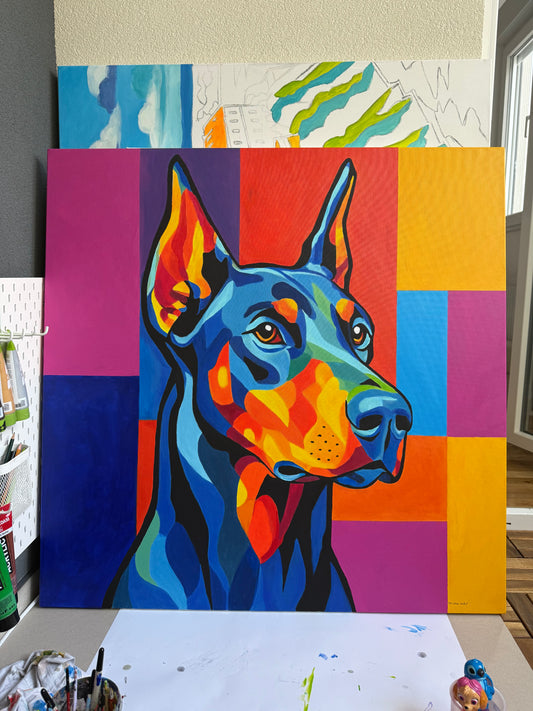 Doberman 100x100cm  - Original Acrylic Painting by Girl with Wings - Dejana Nežić ( Bačko )