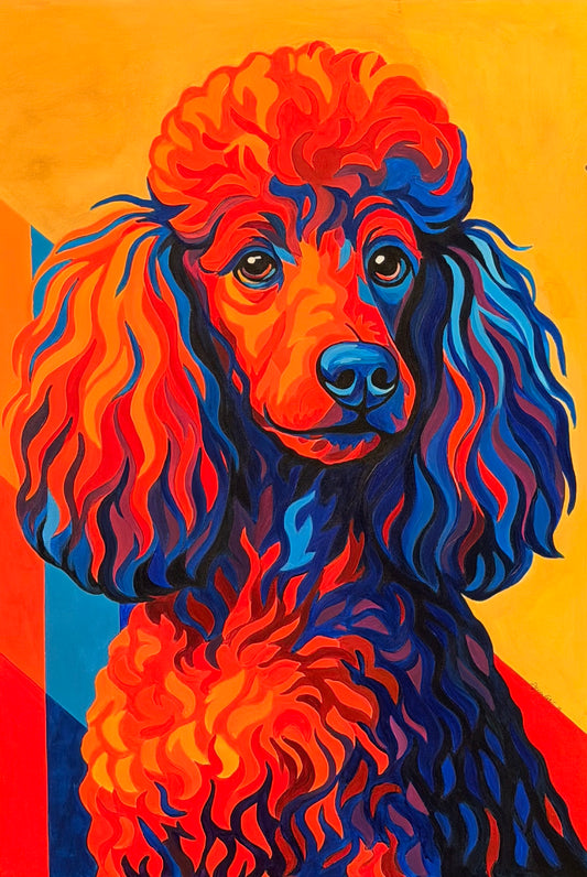 Pop Art Poodle — original acrylic painting on canvas, 80 × 120 cm, a curly poodle in orange-red and cobalt blue on geometric color blocks, painted with her feet by Dejana Nežić, Girl With Wings