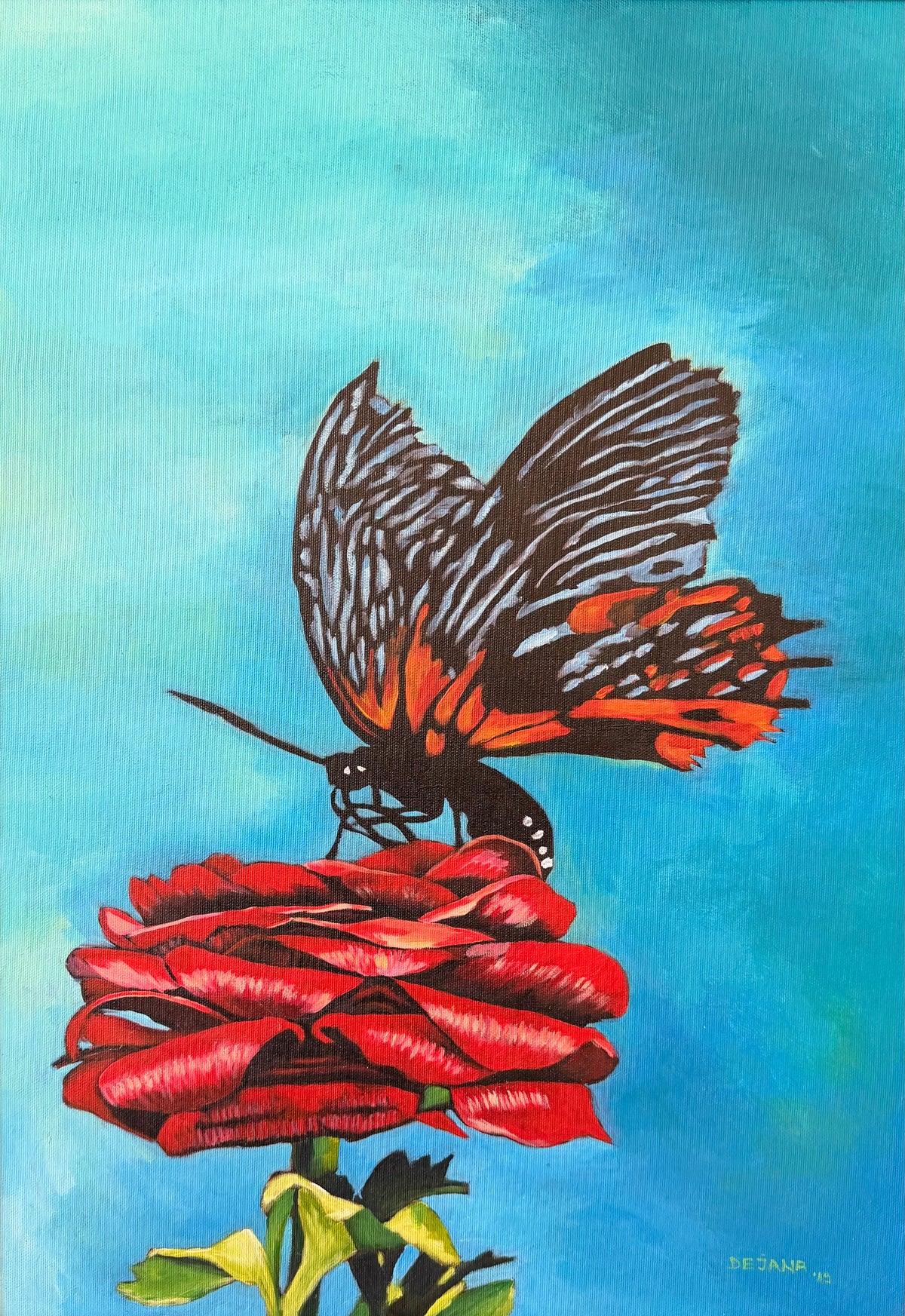 Butterfly on a Rose — original acrylic painting by Dejana Nezic, Girl With Wings, additional view of the framed 50 × 70 cm canvas