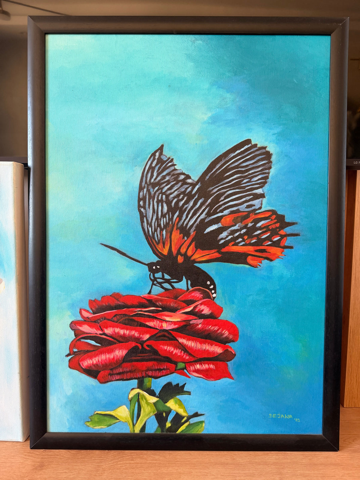Butterfly on a Rose — original acrylic painting by Dejana Nezic, Girl With Wings, detail view of the 50 × 70 cm canvas