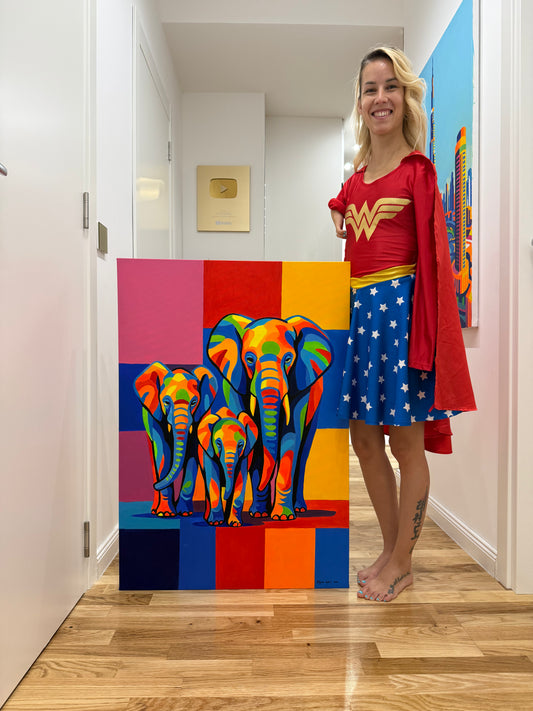 Family of Elephants 70x100cm  - Original Acrylic Painting by Girl with Wings - Dejana Nežić ( Bačko )