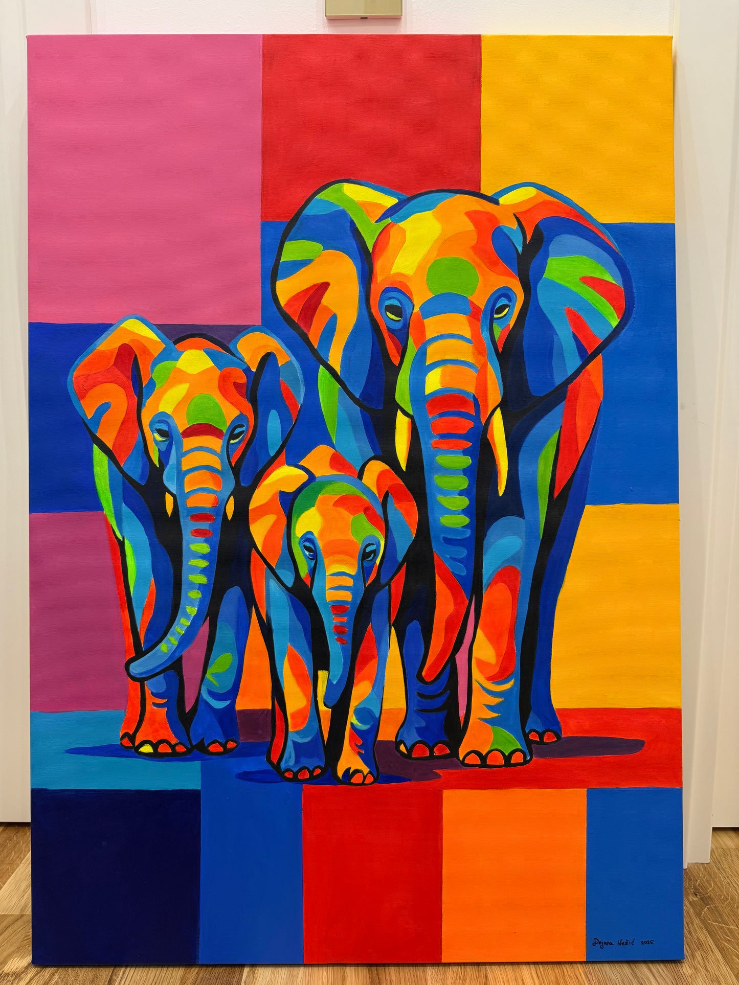Family of Elephants 70x100cm  - Original Acrylic Painting by Girl with Wings - Dejana Nežić ( Bačko )