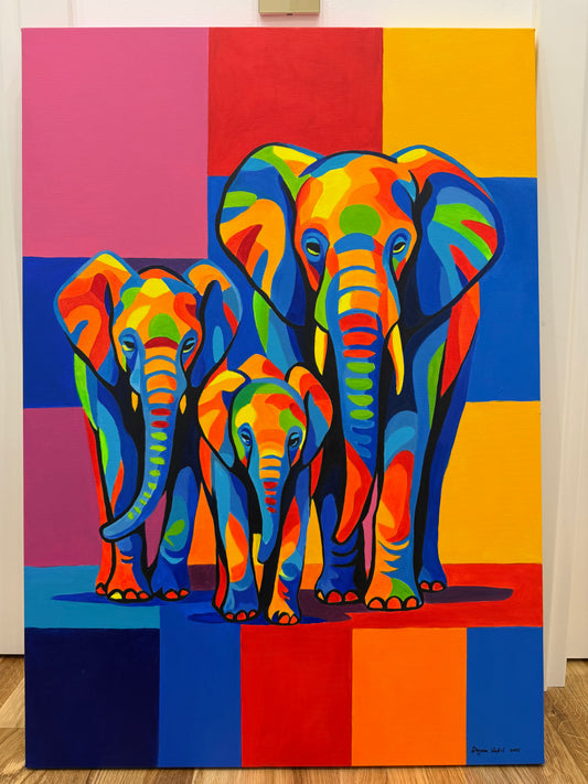 Family of Elephants 70x100cm  - Original Acrylic Painting by Girl with Wings - Dejana Nežić ( Bačko )