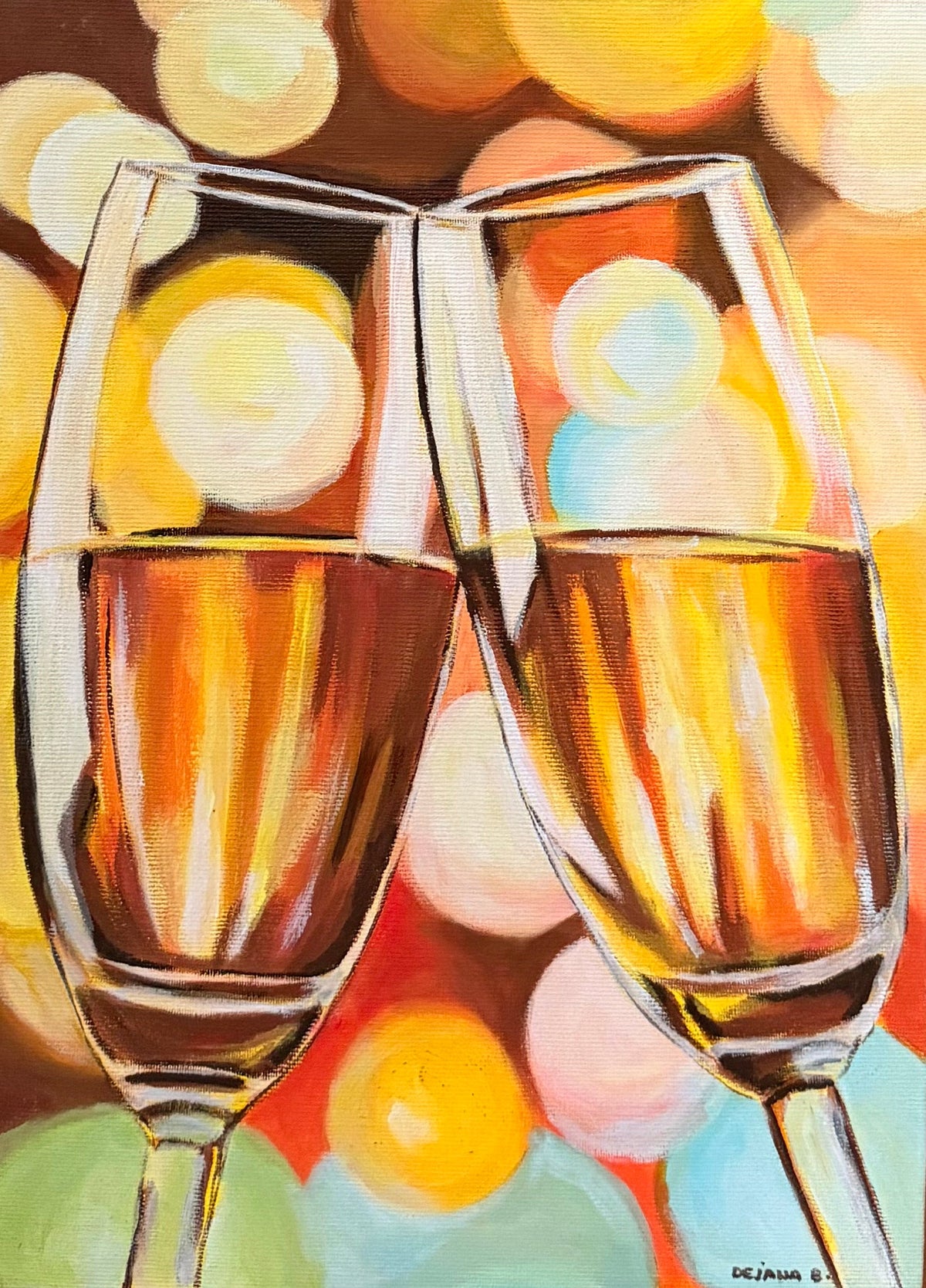 A Moment for Celebration — original acrylic painting on canvas, 25 × 35 cm, two champagne glasses toasting against warm golden bokeh lights, painted with her feet by Dejana Nezic, Girl With Wings