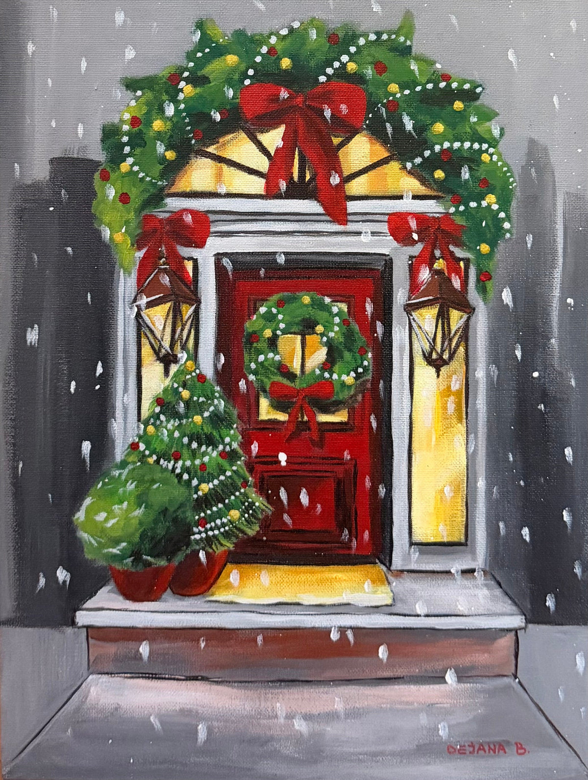 Holiday Spirit — original acrylic painting on canvas, 30 × 40 cm, a red front door with a Christmas wreath, garland, glowing lanterns and a decorated tree in falling snow, painted with her feet by Dejana Nezic, Girl With Wings