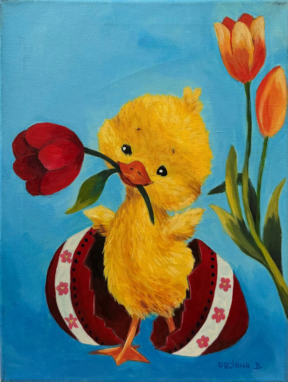 Easter Chicken — original acrylic painting on canvas, 30 × 40 cm, a fluffy yellow chick hatching from a painted Easter egg holding a red tulip, painted with her feet by Dejana Nezic, Girl With Wings