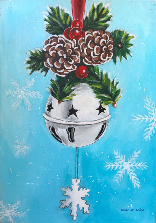 Holiday Bell — original acrylic painting on canvas, 50 × 70 cm, a silver sleigh bell with star cut-outs, pine sprigs, frosted cones and red berries hanging against a blue snowflake sky, painted with her feet by Dejana Nezic, Girl With Wings
