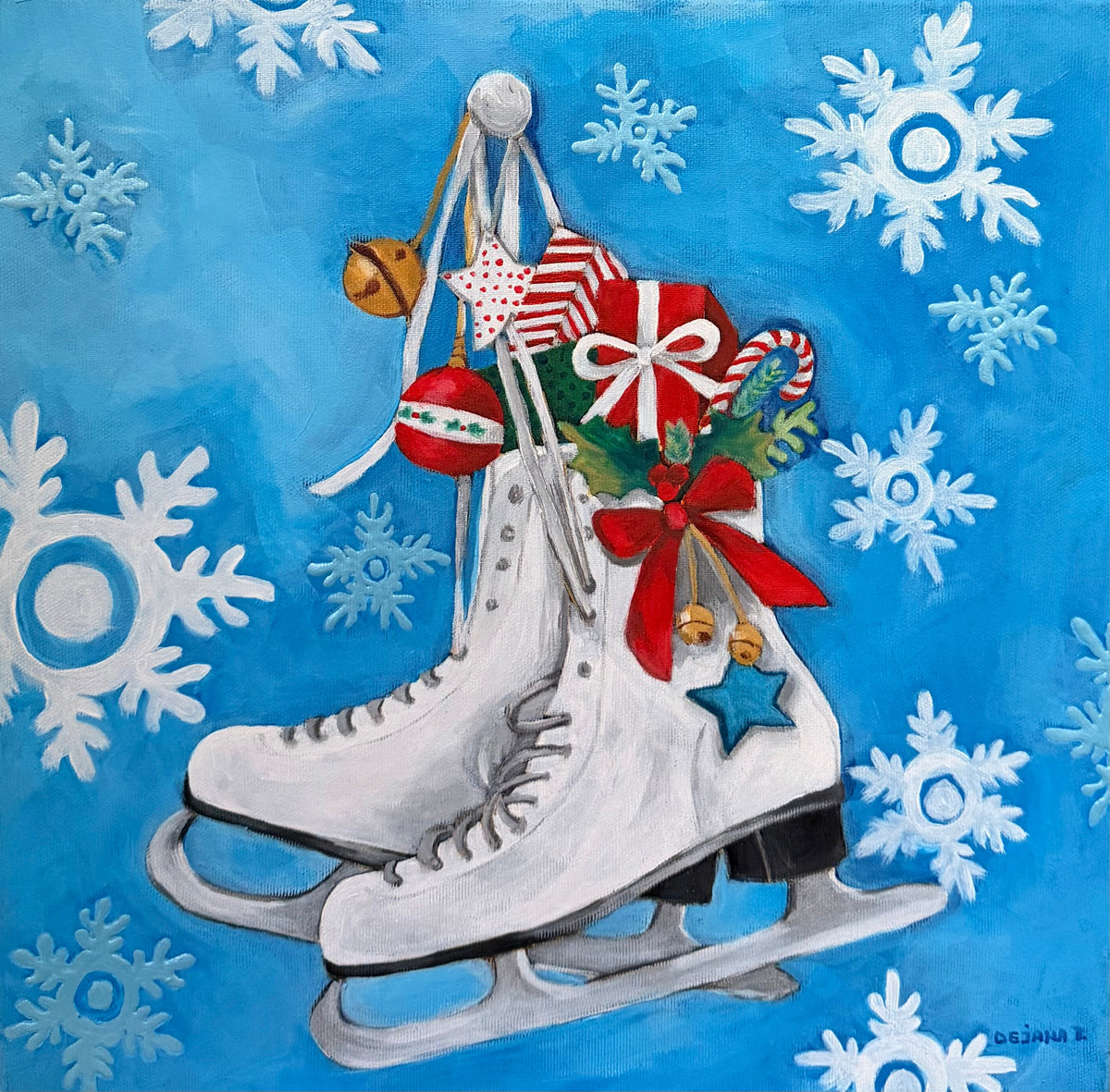Ice Skates — original acrylic painting on canvas, 40 × 40 cm, white figure skates with red ribbon, bells and Christmas ornaments on a blue snowflake background, painted with her feet by Dejana Nezic, Girl With Wings