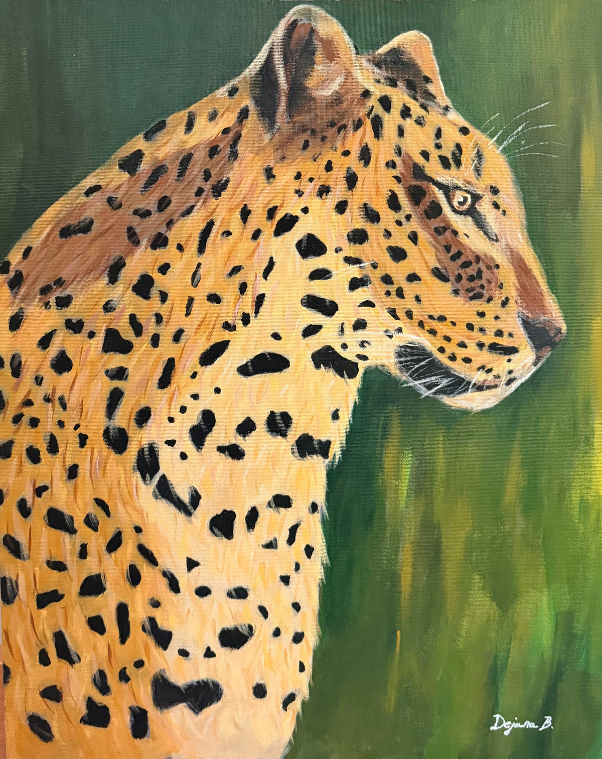 Leopard — original acrylic painting on canvas, 40 × 50 cm, a leopard in profile with golden spotted fur against a deep green jungle background, painted with her feet by Dejana Nezic, Girl With Wings