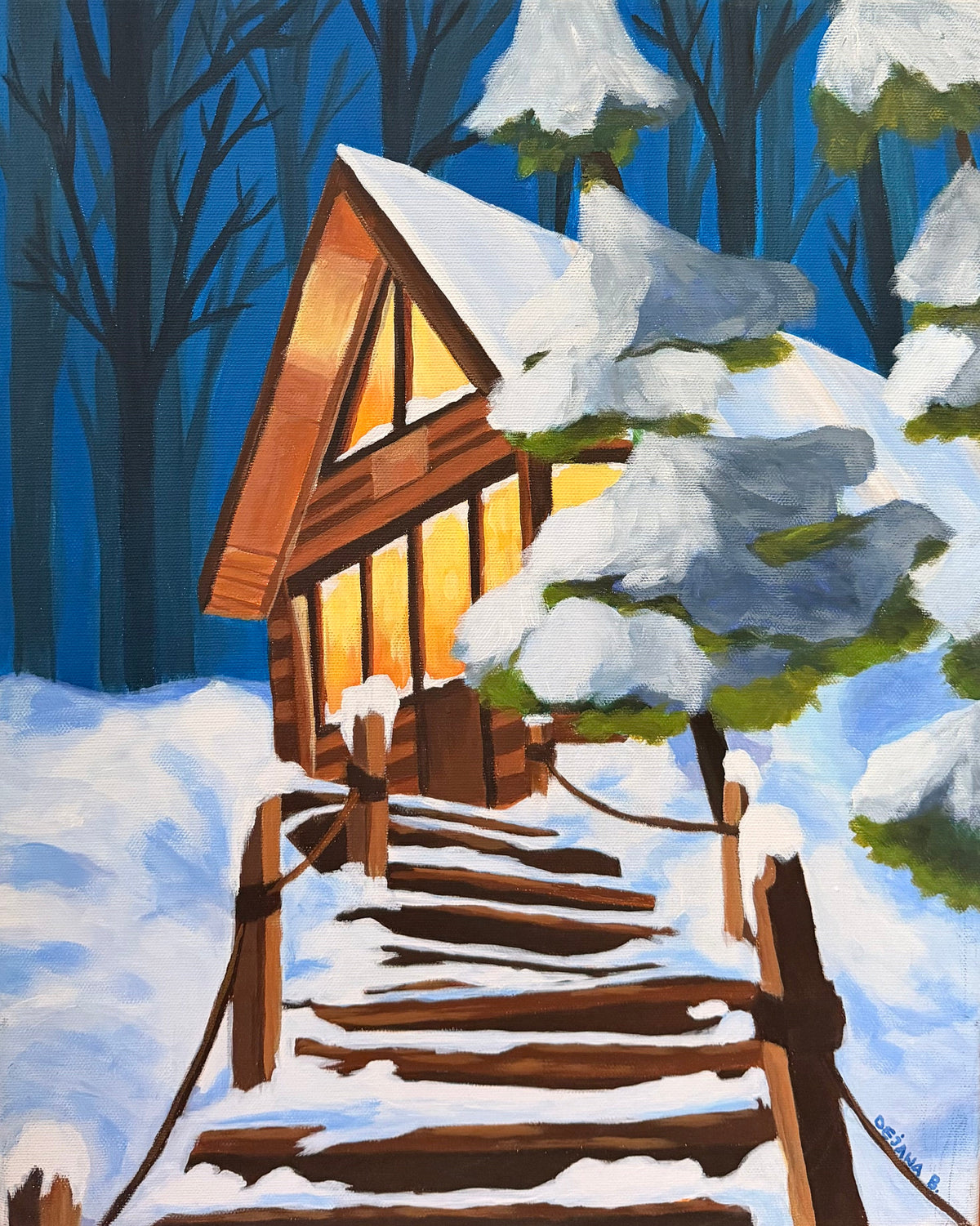Mountain Cabin — original acrylic painting on canvas, 40 × 50 cm, a warmly lit wooden cabin in a snowy pine forest with a wooden staircase leading up to it, painted with her feet by Dejana Nezic, Girl With Wings