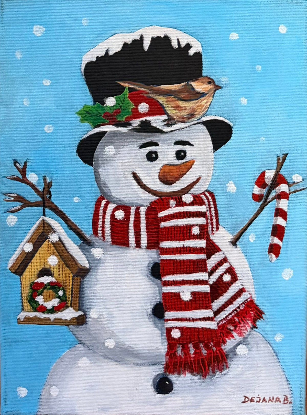 New Year's Snowman — original acrylic painting on canvas, 25 × 35 cm, a smiling snowman in a red striped scarf holding a birdhouse with a little bird on his hat, painted with her feet by Dejana Nezic, Girl With Wings