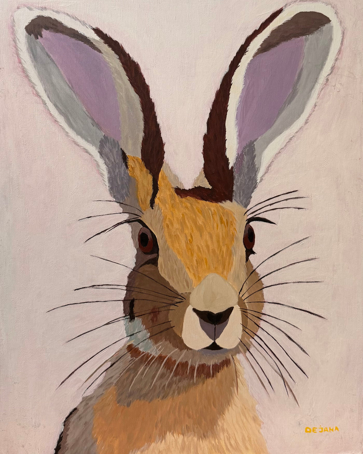 Rabbit Look — original acrylic painting on canvas, 40 × 50 cm, a hare facing the viewer with tall ears and long whiskers on a soft pink background, painted with her feet by Dejana Nezic, Girl With Wings