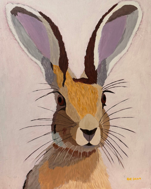 Rabbit Look — original acrylic painting on canvas, 40 × 50 cm, a hare facing the viewer with tall ears and long whiskers on a soft pink background, painted with her feet by Dejana Nezic, Girl With Wings