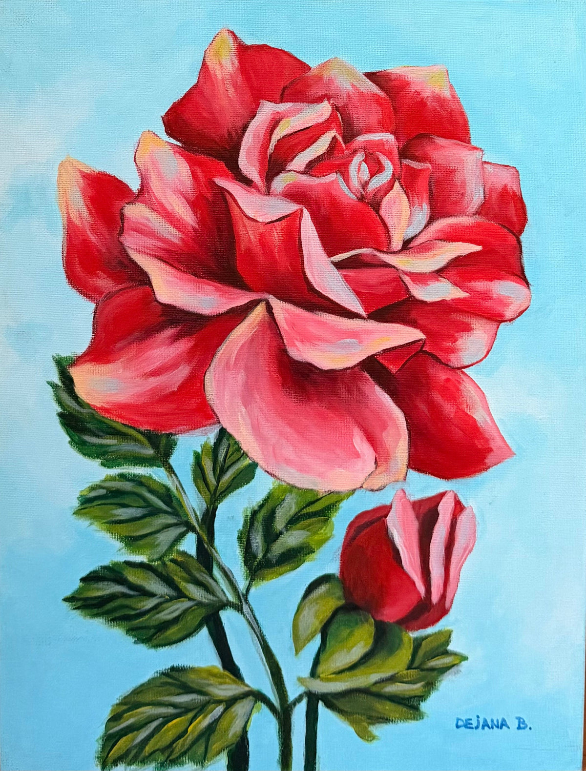 Rose — original acrylic painting on canvas, 30 × 40 cm, a red rose in full bloom with a bud and green leaves against a soft blue sky, painted with her feet by Dejana Nezic, Girl With Wings