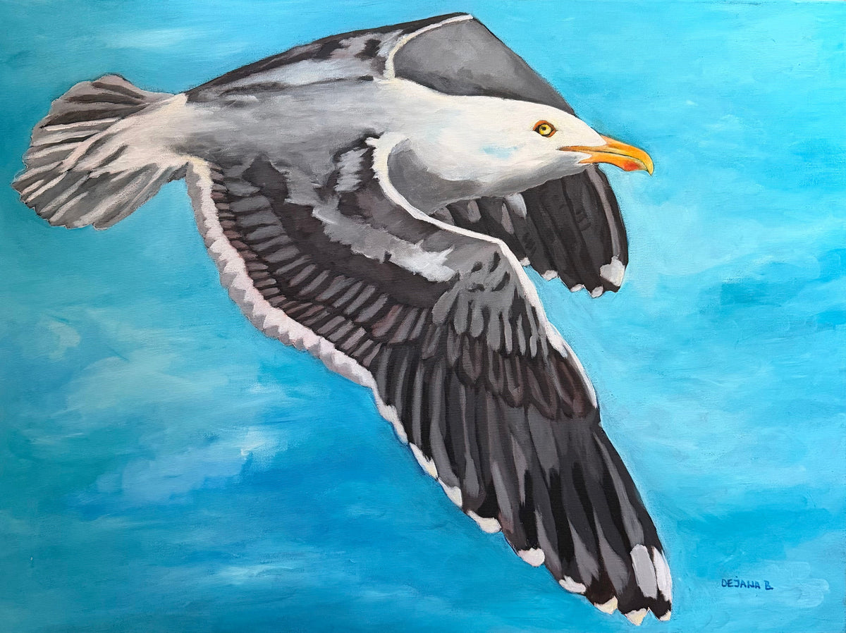 Seagull — original acrylic painting on canvas, 80 × 60 cm, a seagull gliding with wings fully spread against a bright blue sky, painted with her feet by Dejana Nezic, Girl With Wings