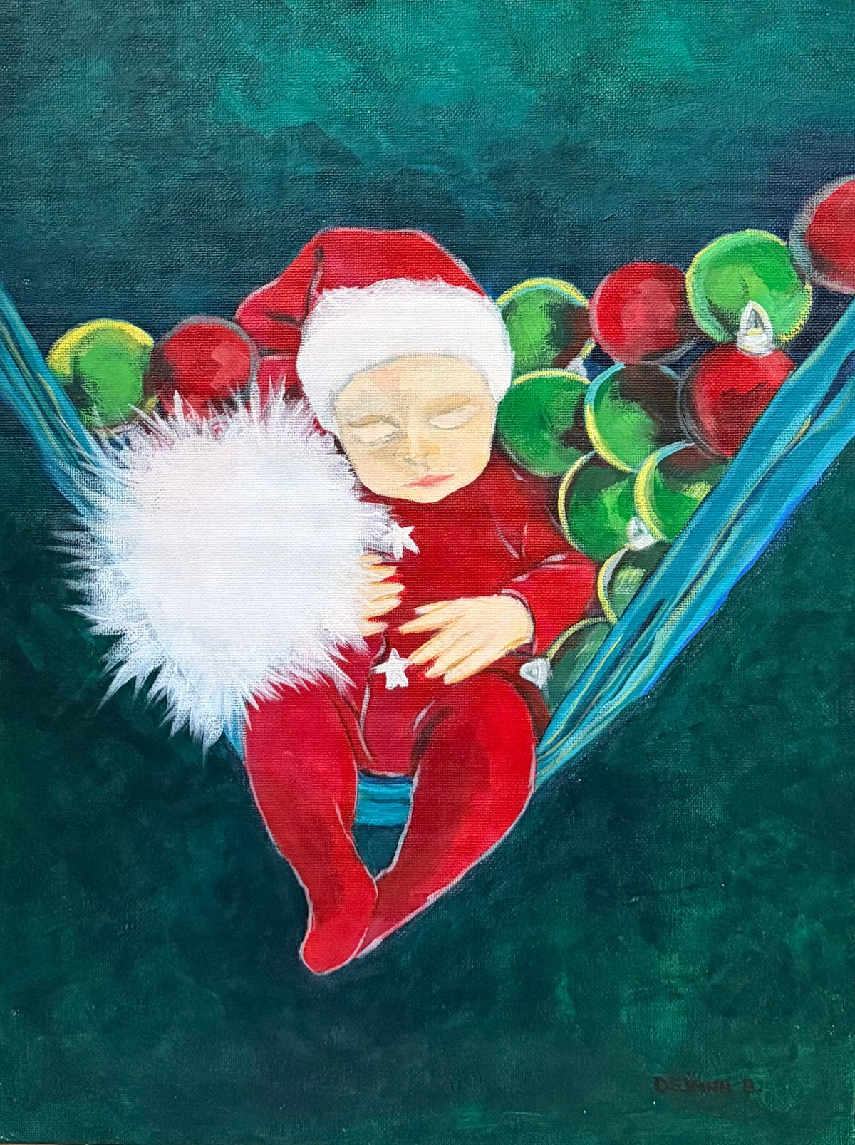 Sleeping Baby — original acrylic painting on canvas, 30 × 40 cm, a baby in a red Santa suit asleep in a blue hammock beside glowing Christmas lights, painted with her feet by Dejana Nezic, Girl With Wings