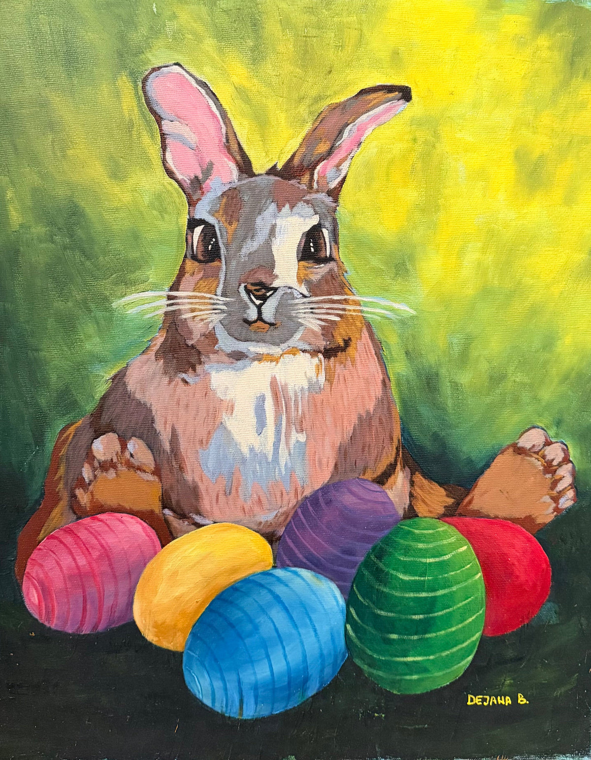 The Easter Bunny — original acrylic painting on canvas, 40 × 50 cm, a brown rabbit surrounded by colourful Easter eggs on a green and yellow background, painted with her feet by Dejana Nezic, Girl With Wings