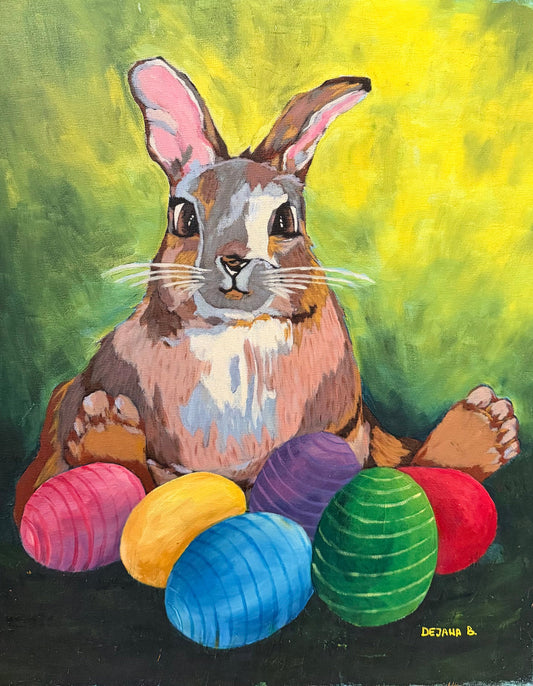 The Easter Bunny — original acrylic painting on canvas, 40 × 50 cm, a brown rabbit surrounded by colourful Easter eggs on a green and yellow background, painted with her feet by Dejana Nezic, Girl With Wings