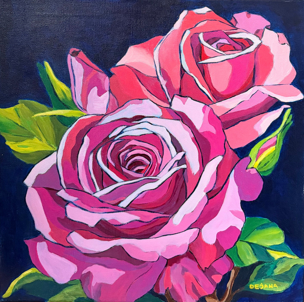 Wild Roses — original acrylic painting on canvas, 40 × 40 cm, two pink roses with bold white outlines and green leaves on a deep navy background, painted with her feet by Dejana Nezic, Girl With Wings